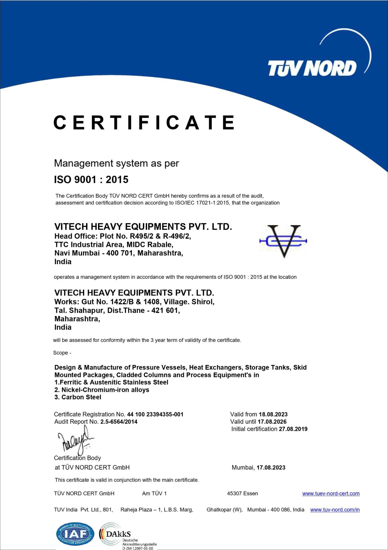 VHEPL - ISO 9001 : 2015 Certificate