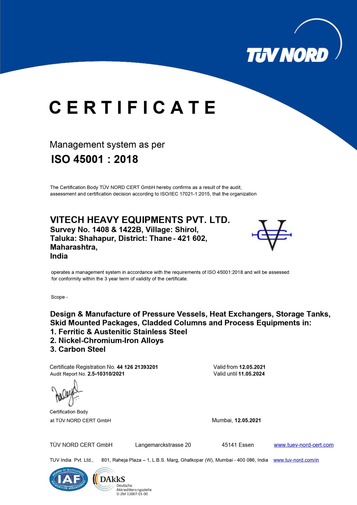 VHEPL - ISO 45001 : 2018 OHSAS